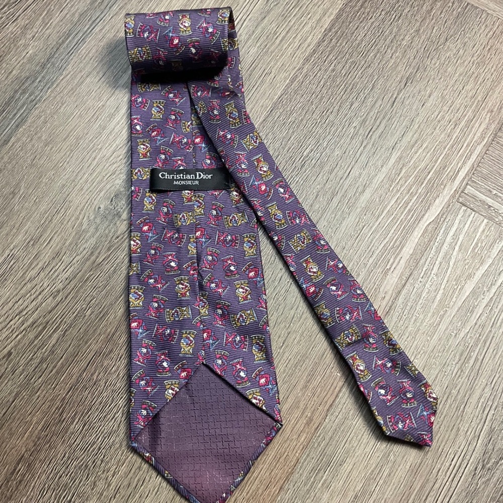 Vintage‎ 80s Christian Dior Monsieur Abstract Urn Geometric Silk Tie Purple Gold